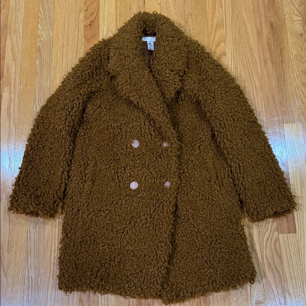 H&M Double-Breasted Teddy Coat in Brown